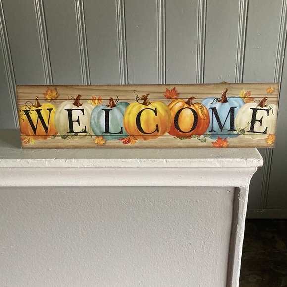 NWT Stunning Colorful Pumpkins Black Glittered Wooden Welcome Decoration Sign - Picture 5 of 17